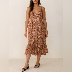 GAP Floral Cotton Midi Dress Spaghetti Strap Smocked Back Brown L Tall